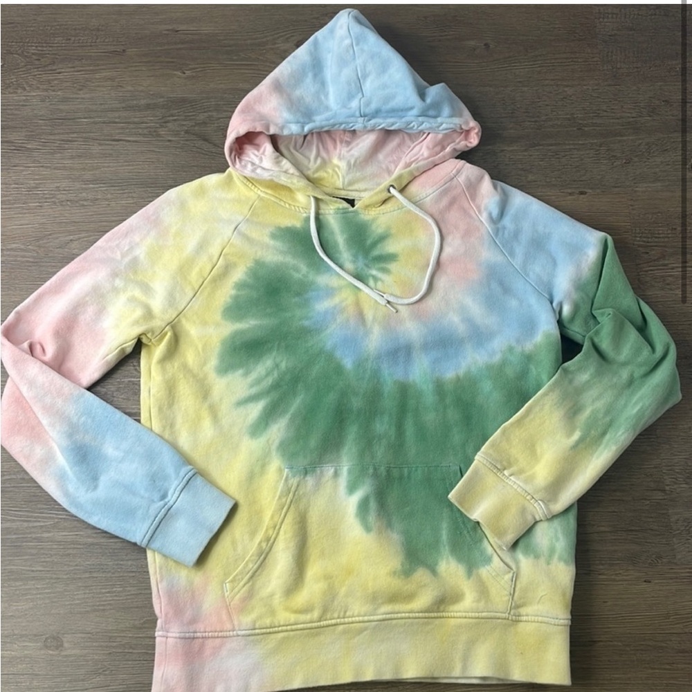 Zine Women’s Pink Yellow Green Blue Tie Dye Hoodie Sweatshirt, size medium